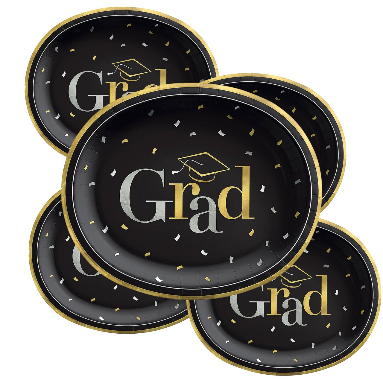 12" Black Grad Party Disposable Oval Paper Dinner Plates 20 Count